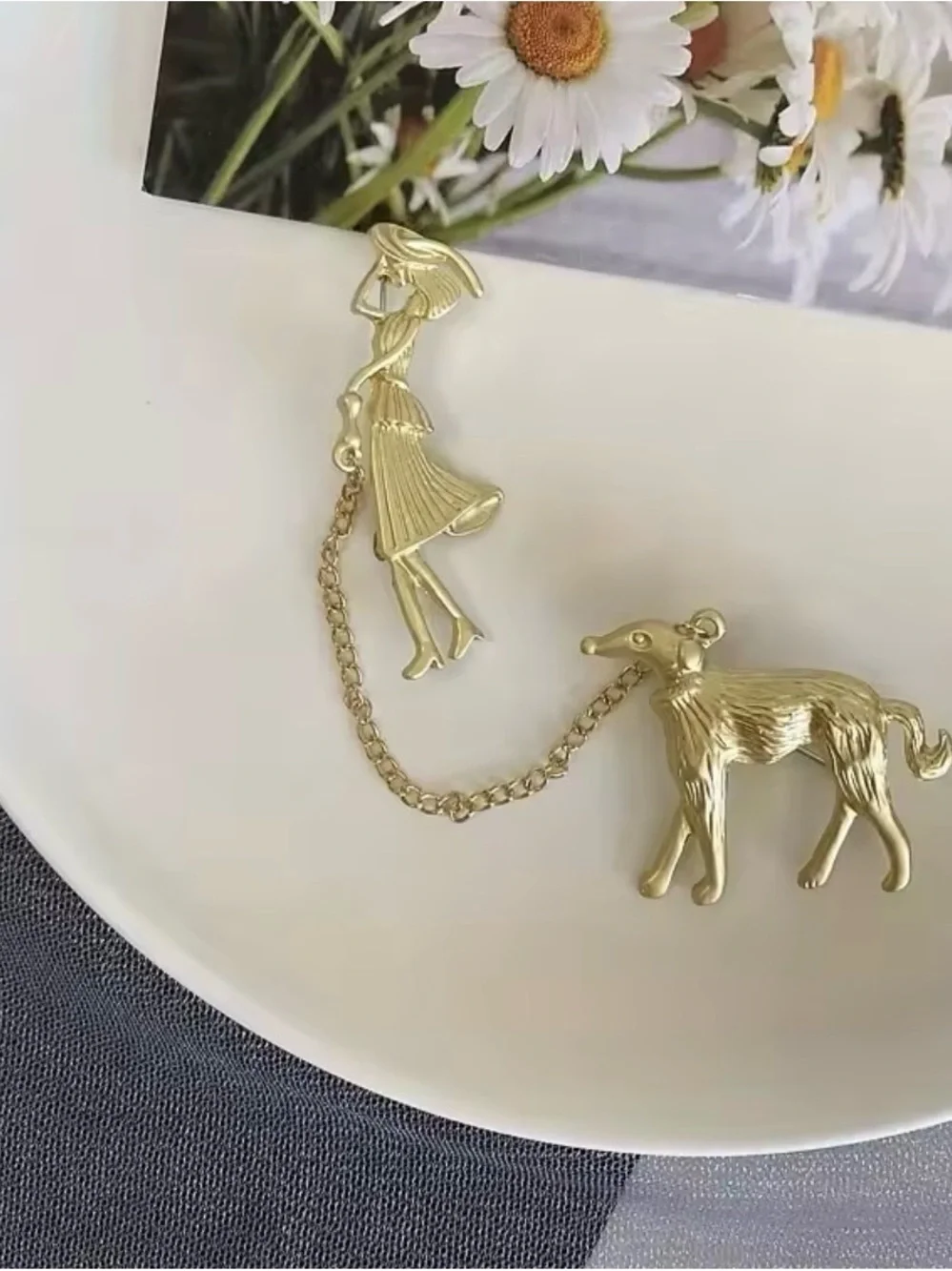 Lady Walking Dog Chain Brooch